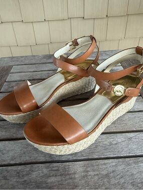 Michael Kors Espadrille Wedge Sandals Cognac Leather Ankle Strap Women’s 7.5